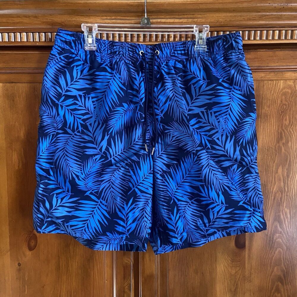 Lands End Men’s 8" Swim Shorts Trunks Sz Large 36-38 Blue Palms Tropical Beach - Picture 1 of 13